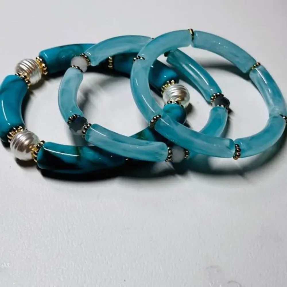 Chunky Blue Acrylic Bamboo Tube Stretch Bracelet Stack with Pearl & Gold Accents
